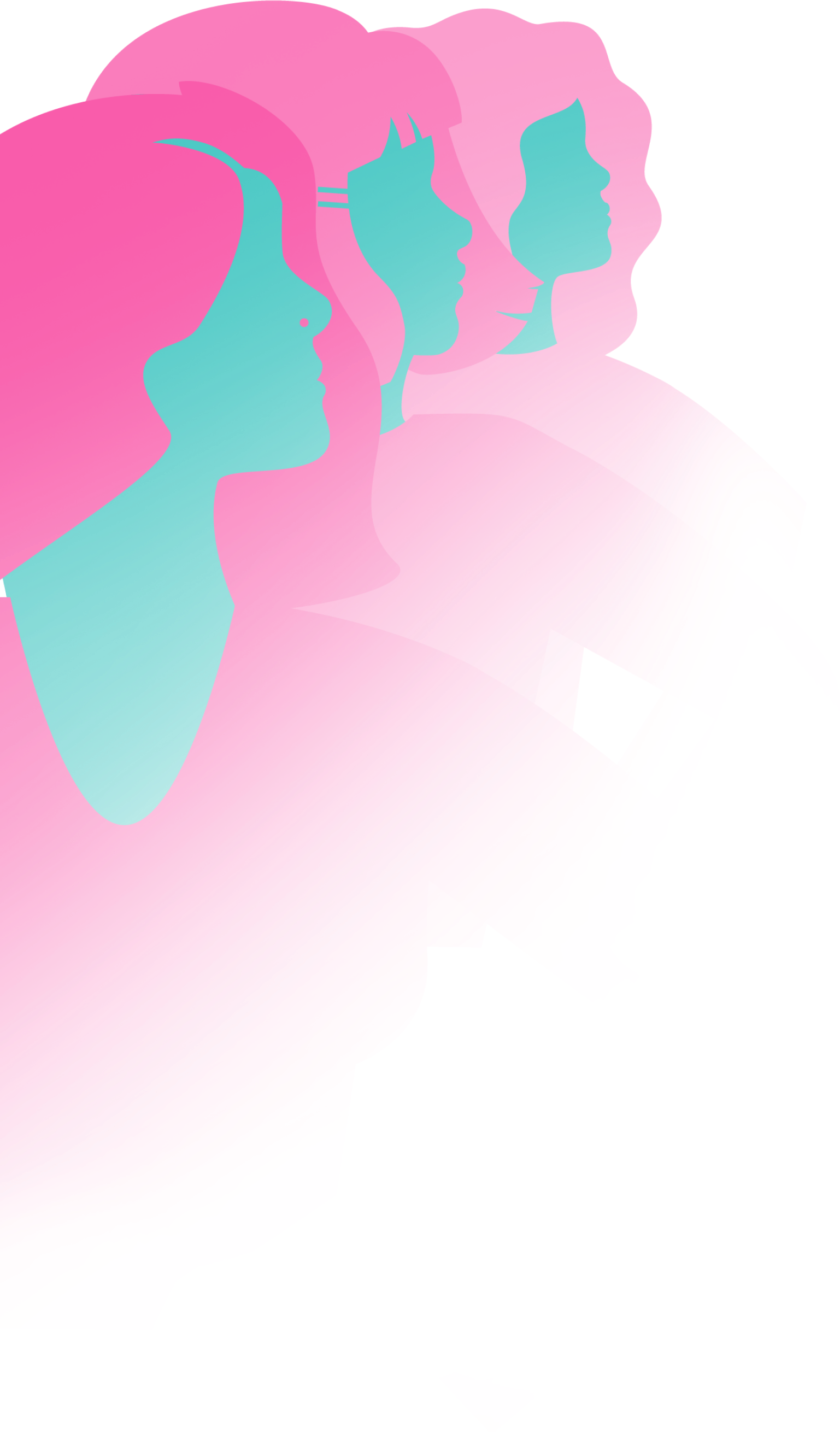 A pink and green outline graphic of the head and shoulders of three women