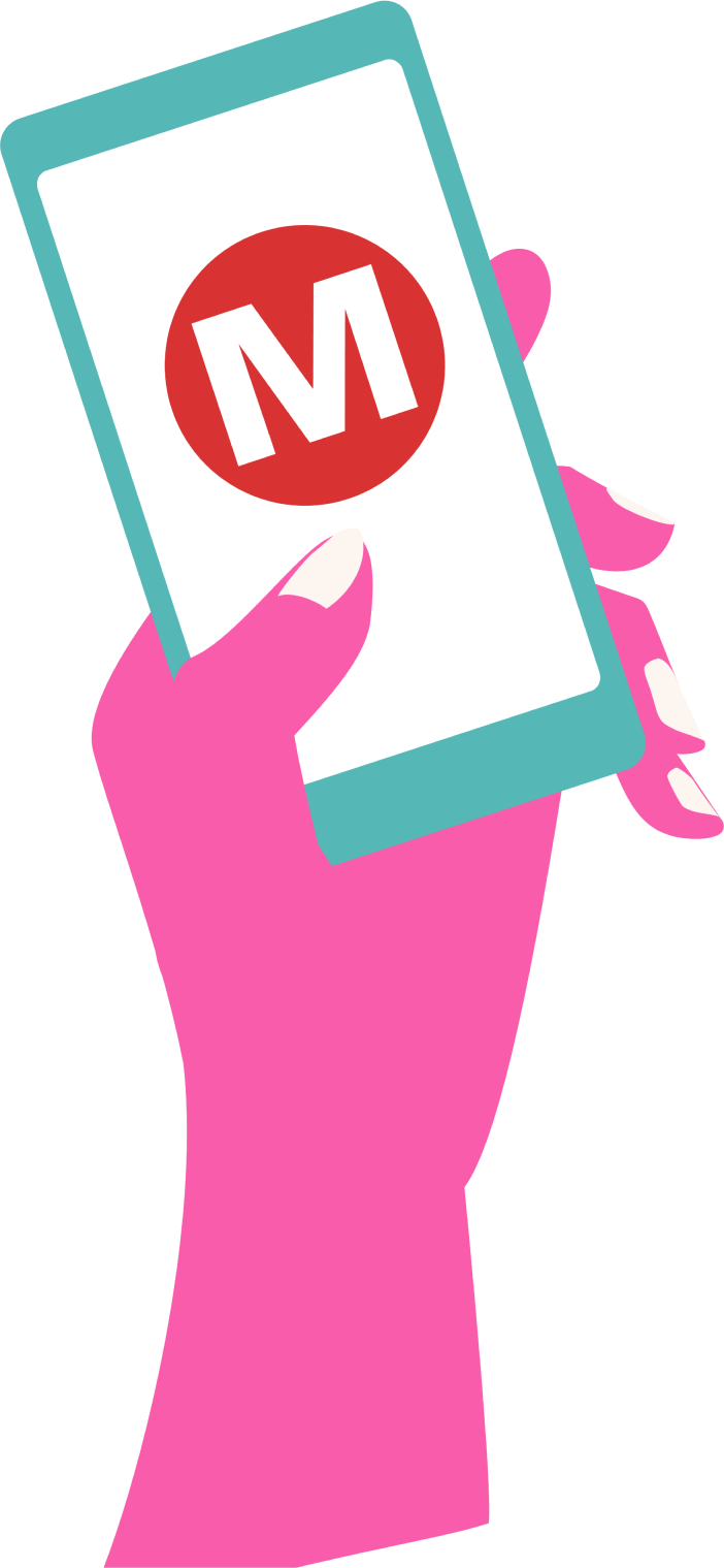 Graphic of pink hand holing a blue phone displaying a white screen with the Metro logo in red