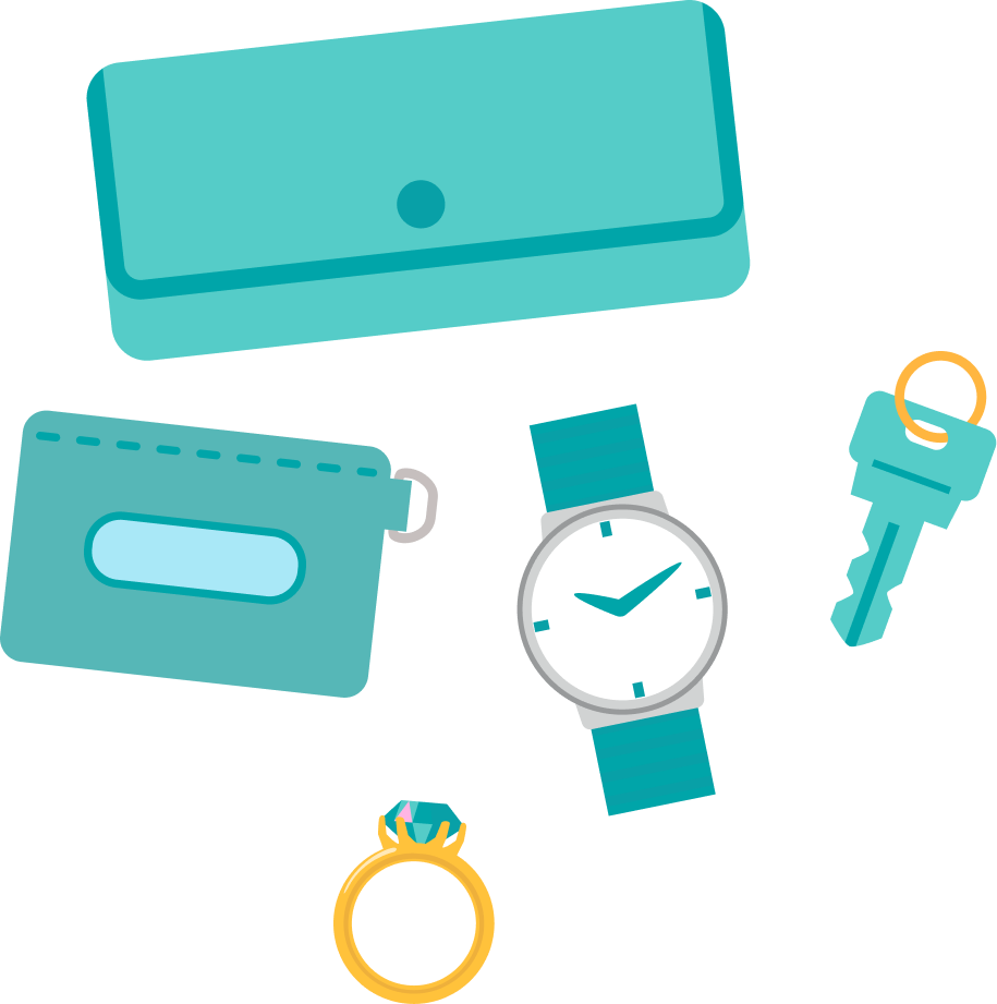 Graphic of blue wallet, blue and white watch, gold and blue ring, blue key and a blue purse
